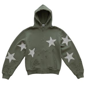 Sweat à capuche zippé effet vieilli - 100% Coton épais, coupe oversize, streetwear hiver unisexe, brodé, mode, vente en gros - Product Image 2