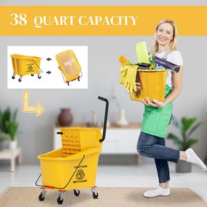 Seau à serpillière jaune de 38 litres avec poignée et essoreuse à pression sur roulettes, chariot de nettoyage en plastique PP - Product Image 4