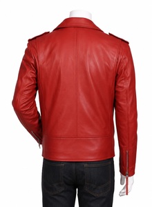 Chaqueta de cuero para hombre, estilo motociclista, hecha a medida, OEM, de piel de vaca roja, con cremallera, corte regular. - Product Image 6