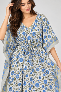 Blue <b>White</b> Floral Woven Bohemian Kaftan <b>Dress</b> V Neck Maxi Olive Leaves Contrast Border <b>for</b> Wholesale Boutique Resort Wear B2B - Product Image 6