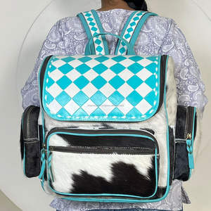 March Expo Elegant Checkered Pattern Genuine Cowhide Leather <b>Backpack</b> Western Style Diaper Bag Manufacturing Perfect for Unisex - Product Image 4