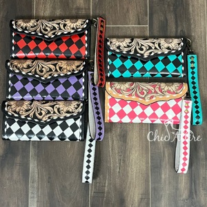 Premium Western Hand Tooled Genuine Cowhide Leather Women's <b>Wallet</b> Clutch with Diamond Checkered Design Floral Carved Flap Purse - Product Image 1