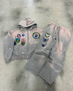 Conjunto de Sudadera con Capucha y Pantalones Deportivos para Hombre, Estilo Vintage, Lavado, Bordado, Efecto Desgastado por el Sol, con Cierre Completo y Pantalones Acampanados - Product Image 2