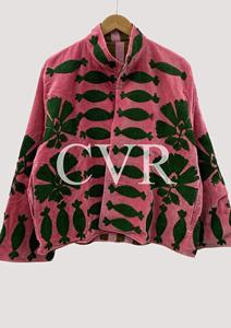 Manteau en velours rose brodé de fleurs, col mandarin, manches longues, grande taille, vêtements d'hiver pour femmes, style décontracté vintage - Product Image 1