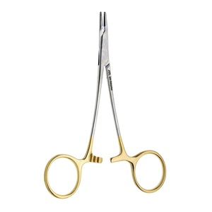 Soporte de aguja o fórceps Mordazas dentadas Acero inoxidable Plástico Excelente calidad 4,75 pulgadas Tc Anillo de oro Mango Derf Smooth - Product Image 1