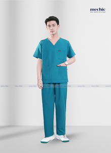 Uniforme médical pour homme de couleur vert-bleu, col en V, manches courtes, en polyester et rayonne extensibles dans les quatre sens, avec pantalon inclus. - Product Image 3