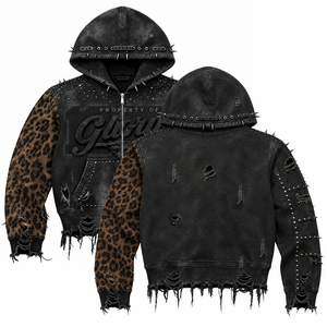 Veste à capuche en jean noir vieilli personnalisée avec manches imprimées léopard, clous et liseré à franges déchirées - Product Image 1