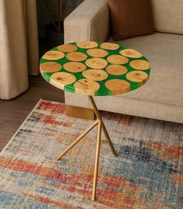 Modern <b>Round</b> Wood <b>Side</b> <b>Table</b> with Green Resin Top and <b>Gold</b> Metal Legs for Living Room Decor - Product Image 3