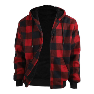 Sweat-shirt à capuche zippé à carreaux rouges et noirs, coupe classique, vêtement d'hiver décontracté, tissu en flanelle 100% coton - Product Image 5