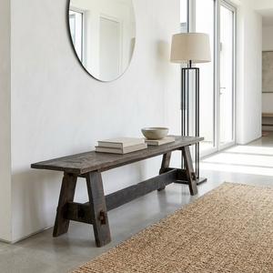 Banco largo Mykonosh de madera premium, minimalista, de madera maciza oscura recuperada, para cocina, comedor, asientos, banco de madera natural rústica. - Product Image 4
