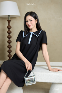 B2 MUM V1565 ชุดเดรสออฟฟิศทรงเอแขนสั้นลายทางสีน้ำเงินชั้นเดียวระบายอากาศได้เป็นมิตรกับสิ่งแวดล้อมฤดูร้อนนุ่มสบาย - Product Image 6