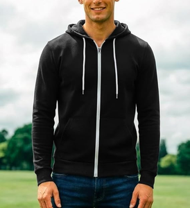 Sweat-shirts à capuche pour hommes, coupe classique, avec logo personnalisé, fabrication OEM, 100% coton, options de couleurs unies, fermeture éclair contrastée, cordon de serrage. - Product Image 3