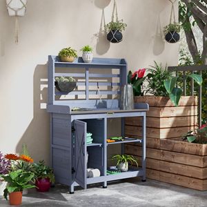 Banco da Giardinaggio in Legno Grigio con Piano in Alluminio per Uso Esterno, Porta Attrezzi e Piante da Giardino - Product Image 2
