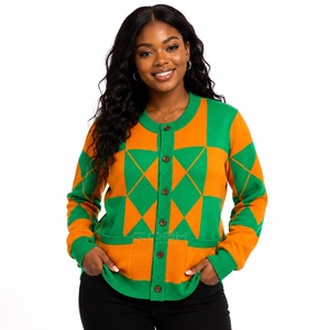 Cosh International Sisterhood Sorority Green <b>Orange</b> Geometric Knitted <b>Cardigan</b> <b>Women</b> Long Sleeve Casual Crew Neck Button Front - Product Image 3