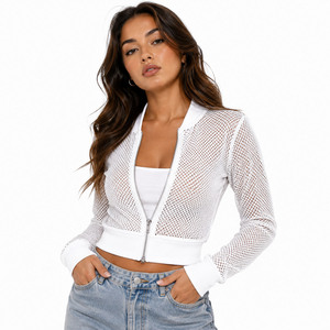Blouson bomber court blanc moderne en maille pour femme, à manches longues, fermeture éclair frontale, logo personnalisé, léger, style Y2K, décontracté, pour superposition estivale - Product Image 1