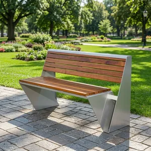 Modern Outdoor Garden <b>Bench</b> with Wooden Slat Seat Backrest and Silver Metal Frame for Park Patio Lawn Public Seating - Product Image 3
