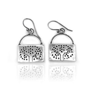 Boucles d'oreilles pendantes Arbre de Vie en argent sterling 925 – Goutte rectangulaire inspirée de la nature, fabriquées à la main, finition oxydée, bijoux artisanaux - Product Image 1