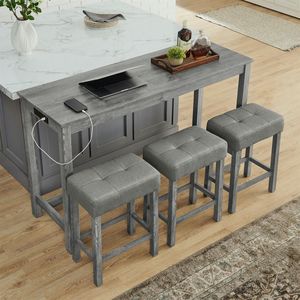 59-Inch Power Outlet <b>Bar</b> <b>Table</b> 3 Upholstered <b>Stools</b> 4 Piece Dining Sofa <b>Table</b> Chair <b>Set</b> for Living for Home Office Furniture - Product Image 6