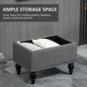 Pouf in Tessuto Trapuntato Grigio da 25 Pollici con Coperchio Rimovibile e Gambe in Legno, Panca con Bottoni per Casa, Ufficio o Ingresso, Poggiapiedi Rettangolare - Product Image 5