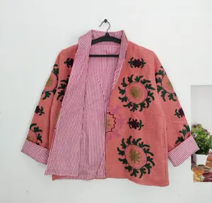 Veste bohème en coton rose pêche brodée Suzani, col montant, faite à la main, motif floral coloré, pour femme, automne - Product Image 1