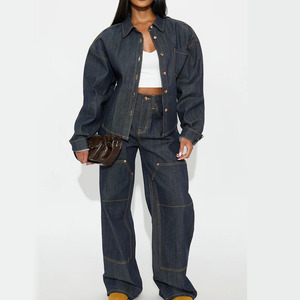 Trendy Elegant Two Piece Cropped Button <b>Fly</b> <b>Jacket</b> Pants Set Casual Unisex Denim Tracksuit Breathable Eco-Friendly Autumn - Product Image 5