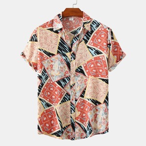 Men's Short Sleeve Floral <b>Patchwork</b> Button-Up <b>Shirt</b> Turn-Down Collar Regular Fit Summer Style - Product Image 1