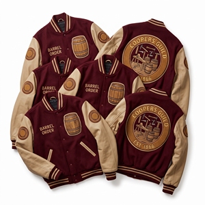 Chaqueta Varsity Personalizada OEM con Mangas de Cuero y Lana, Bordado de Reloj Regulator Makers, Parche de Paleta Adornado con Joyas, Abrigo Plum - Product Image 2