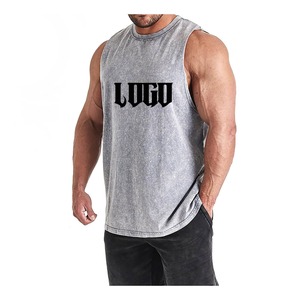Men's Eco-Friendly 100% Cotton <b>Striped</b> Gym Tank <b>Top</b> O-Neck Knitted Breathable Casual <b>Red</b> Stripe Pattern Front Logo Customized - Product Image 1