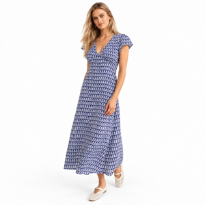 Vestido casual de verano con estampado geométrico azul y cuello en V para mujer - Product Image 3