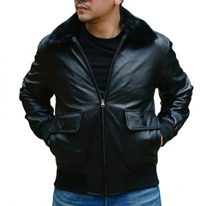 Chaqueta Bomber de Cuero Genuino Negro para Hombre, Cuello de Piel Sintética, Cortavientos, Invierno, Corte Regular, Cierre de Cremallera, Estilo Motero Urbano - Product Image 2
