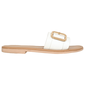 White Leather Slides Gold Buckle Open Toe Flat Sandals <b>Summer</b> Fashion Women's Light Weight Breathable Anti-Slippery Cushioning - Product Image 3