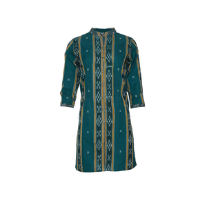 Túnica IKAT, Color Turquesa Intenso con Dorado y Verde Oscuro, 100% Algodón, Cuello Redondo, Manga Larga, Estilo Casual para Mujer, Regalo para Ella - Product Image 1