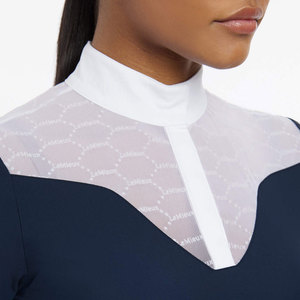 Camisa de equitación azul marino para mujer, manga corta, cuello alto, con bloques de color, transpirable, tejido de punto. - Product Image 6