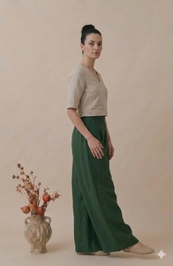 V Neck Short Sleeve Linen Cotton Top Green Wide Leg Pants <b>Loose</b> Fit Maxi Length Casual Daily Wear Breathable Casual <b>Dresses</b> - Product Image 1