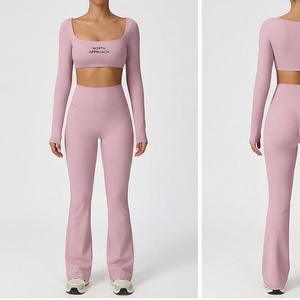 North Approach 2 Piece Yoga Set Pink Square Neck Long Sleeve Crop Top High Waist Full Length <b>Flared</b> <b>Leggings</b> Breathable Seamless - Product Image 5