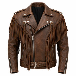 Retro Men's Brown Leather Fringe Biker <b>Jacket</b> With Fringes Turn-down Collar Regular Fit Autumn Style Old Western Classic - Product Image 3