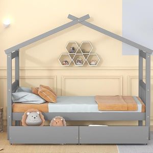 Twin Size Wooden <b>House</b> <b>Bed</b> with Drawers Gray for Kids - Product Image 4