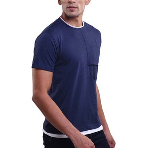 Men's Navy Blue Short Sleeve <b>T</b>-<b>Shirt</b> <b>With</b> Chest <b>Pocket</b> Contrast Trim Regular Fit Casual Style Cotton Jersey Knitted O-Neck - Product Image 3
