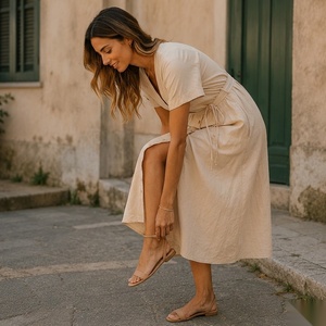 Robe midi à col en V avec boutons sur le devant et taille nouée, style bohème ample, robe d'été décontractée avec poches - Product Image 4
