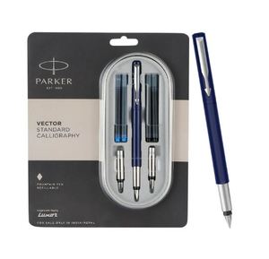 Stylo plume Parker Vector Standard Chrome Trim Calligraphy, ensemble de 7 pièces, contenant 2 pointes, 2 cartouches d'encre bleue et 2 cartouches d'encre noire. - Product Image 3