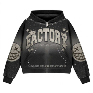 Factory Zip-Up Hoodie Men Oversized Skull Print Hip Hop Style <b>Black</b> Full-Zip Hooded <b>Sweatshirt</b> - Product Image 6
