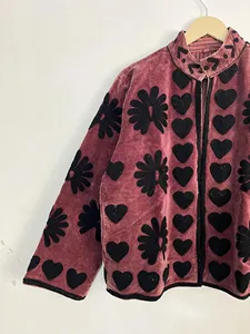 Women Pink Velvet Embroidered Jacket Heart Motif Floral Design Bohemian Handmade Winter Outerwear - Product Image 2