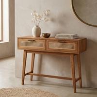 Table console moderne en teck massif et rotin, 2 tiroirs, finition naturelle, assemblage complet, meubles de salon, chambre à coucher, appartement