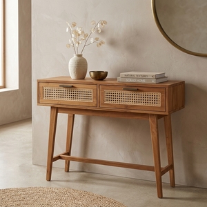Mesa Consola Moderna de Madera de Teca Sólida y Ratán, 2 Cajones, Acabado Natural, Ensamblaje Completo, Muebles para Sala de Estar, Dormitorio, Apartamento - Product Image 4