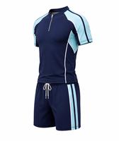 Ensemble de maillot de bain anti-UV à séchage rapide et écologique pour homme, bleu marine, manches longues, blocs de couleur, rayures bleu clair, cordon de serrage