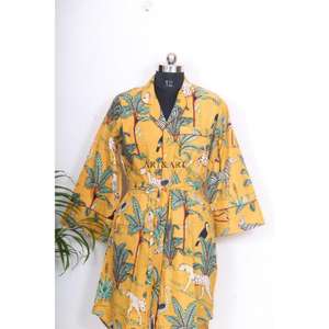 Chemise kimono en coton indien imprimé à la main pour femmes, manches longues, longueur midi, robe de nuit pour l'été - Product Image 4
