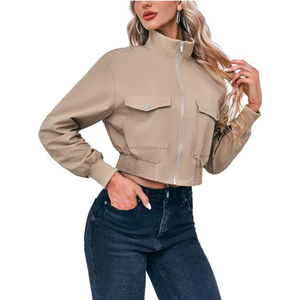 <b>Women</b>’s Cropped Bomber <b>Jacket</b>, Lightweight <b>Zip</b>-<b>Up</b> Short <b>Jacket</b>, Casual Stand Collar Coat for Fall and Everyday Wear - Product Image 4