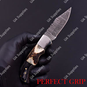 Cuchillo Plegable de Acero de Damasco Hecho a Mano de Grado Industrial con Mango de Cuerno de Ciervo y Madera, Punta Caída, para Acampada al Aire Libre y Uso Diario (EDC) - Product Image 5