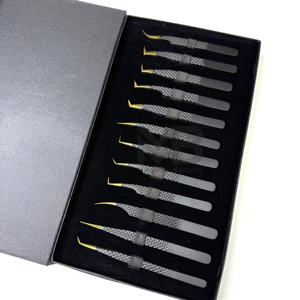Precision Stainless Steel Eyelash Tweezers <b>Set</b> with Gold Tips Anti-Magnetic & Durable in Black Box Packaging for Lash Artists - Product Image 4
