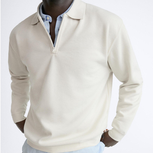 Men's Cream Long Sleeve Knitted Pullover <b>Quarter</b> <b>Zip</b> <b>Sweater</b> Regular Fit Casual Solid Color Breathable Cotton Top - Product Image 1
